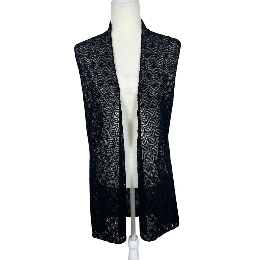 Eileen Fisher Wool Crochet Open Long Line Cardigan Black M Effortless Chic Boho